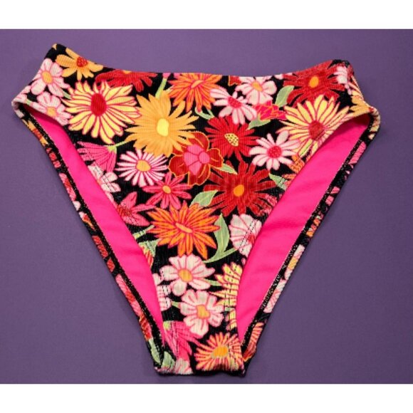 Wild Fable-Women's Ribbed High Waist High Leg Cheeky Bikini Bottom-Black/Pink-XS - Picture 12 of 12